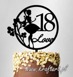 opper na tort z baletnicą i napisem 18 Love – dekoracja urodzinowa z plexi