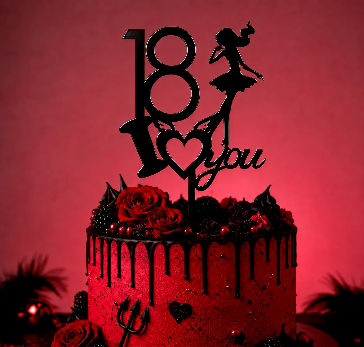 czarny-topper-na-18-urodziny-dla-dziewczyny-love-you Czarny topper na 18. urodziny dla dziewczyny z sylwetką kobiety, sercem i napisem Love You na czerwonym torcie