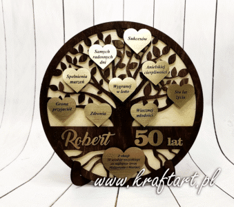 Personalizowane drzewko życzeń na 50 urodziny z serduszkami