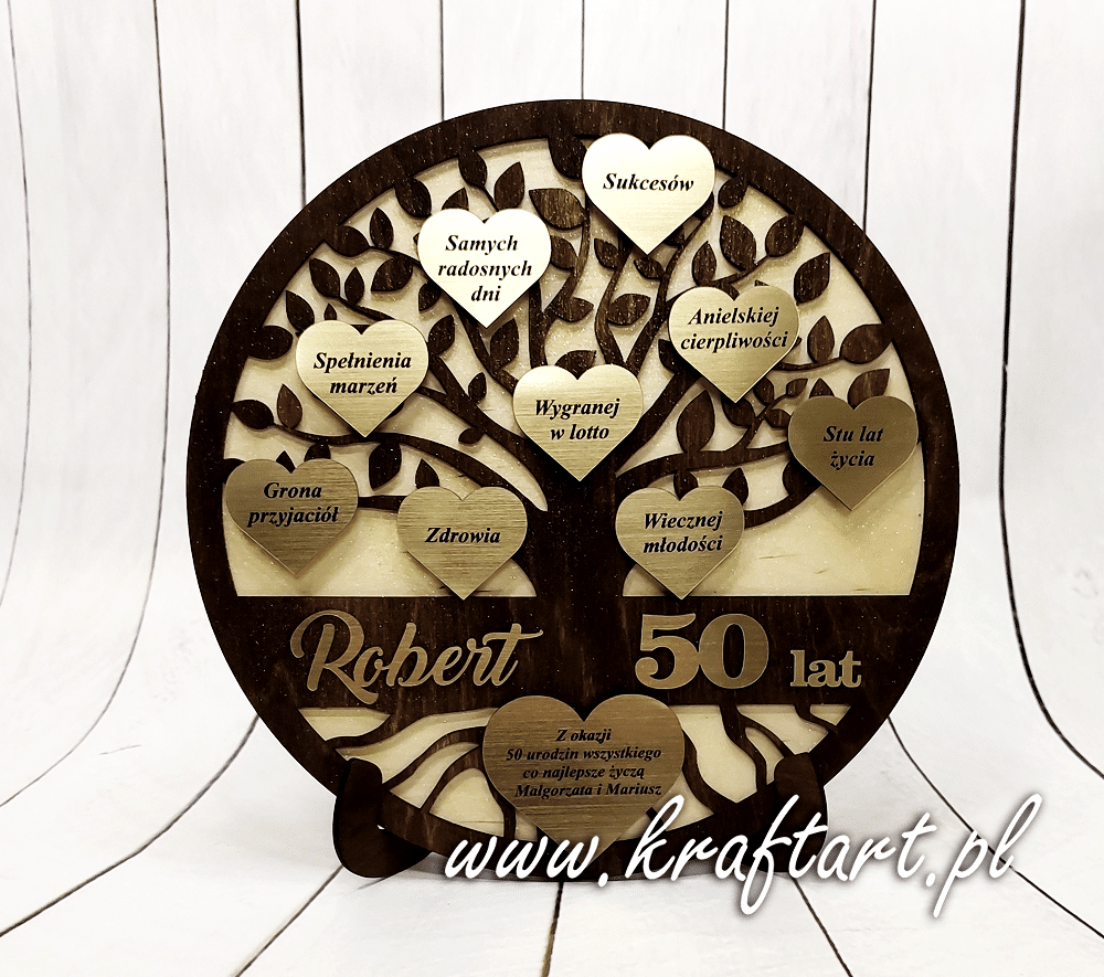 Drzewko życzeń z imieniem na 50-lecie Personalizowane drzewko życzeń na 50 urodziny z serduszkami