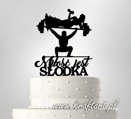 opper na tort weselny dla sportowców z napisem "miłość jest słodka" ozdoba na ślubny tort dla aktywnej pary