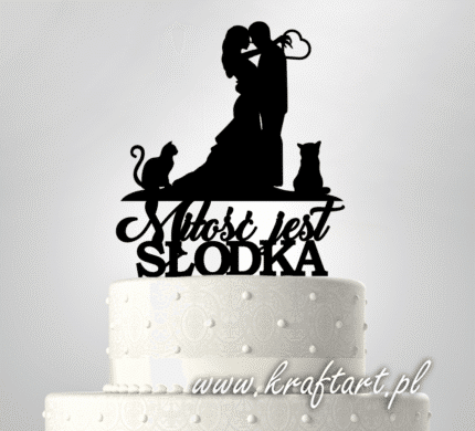 topper na tort weselny z kotami i parą młodą