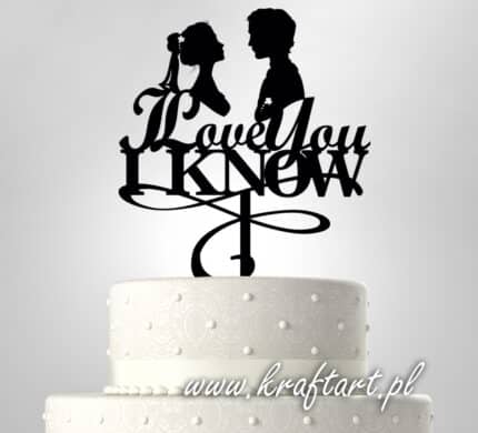 topper tort I Love You, topper ślubny para, figurka na tort zakochani, dekoracja tortu z cytatem