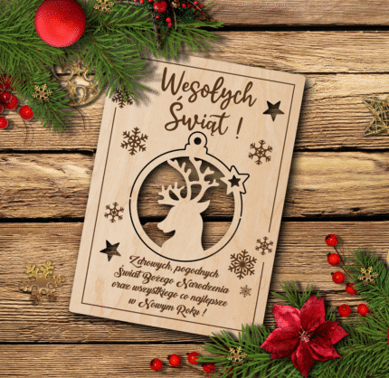 Drewniana kartka świąteczna z reniferem handmade