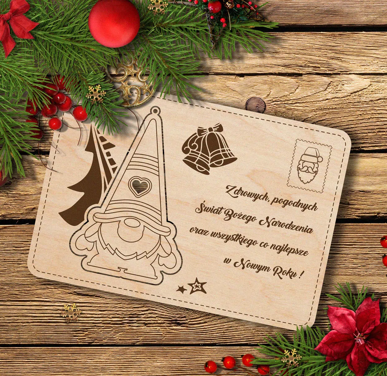 Drewniana kartka świąteczna z grawerem handmade Drewniana kartka świąteczna z grawerem handmade