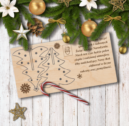 Drewniana kartka świąteczna z choinką 3D