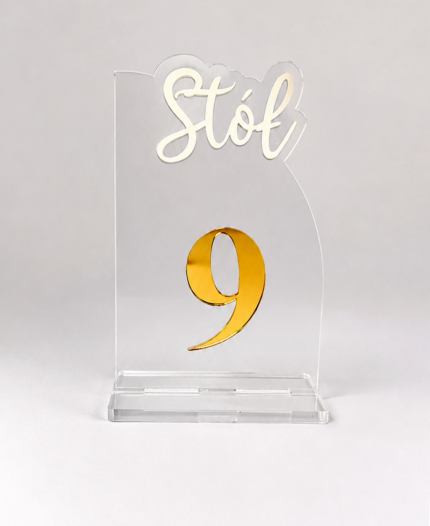 Numerki na stół weselny transparentne złote – plexi glamour z podstawką | Kraftart