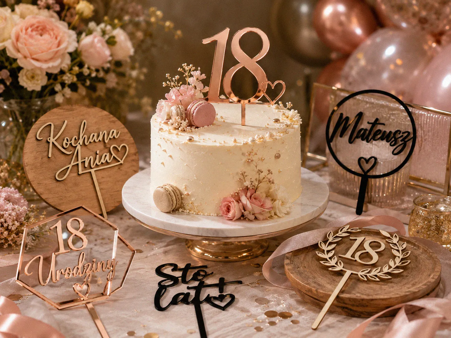 Zestaw personalizowanych topperów na 18. urodziny z imionami, liczbą 18 i napisami na tle eleganckiego tortu