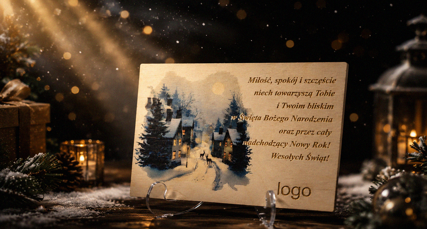 Kartki świąteczne firmowe z logo – drewniana kartka z nadrukiem UV na podstawce z plexi